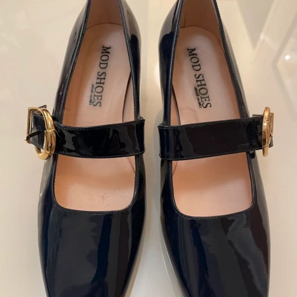 Black Patent Loafers with Gold Buckle